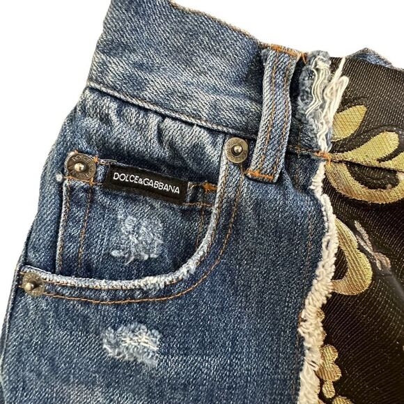 Dolce & Gabbana ~multi-distressed-brocade-relaxed-crop-jeans~missing brand patch - Picture 12 of 16